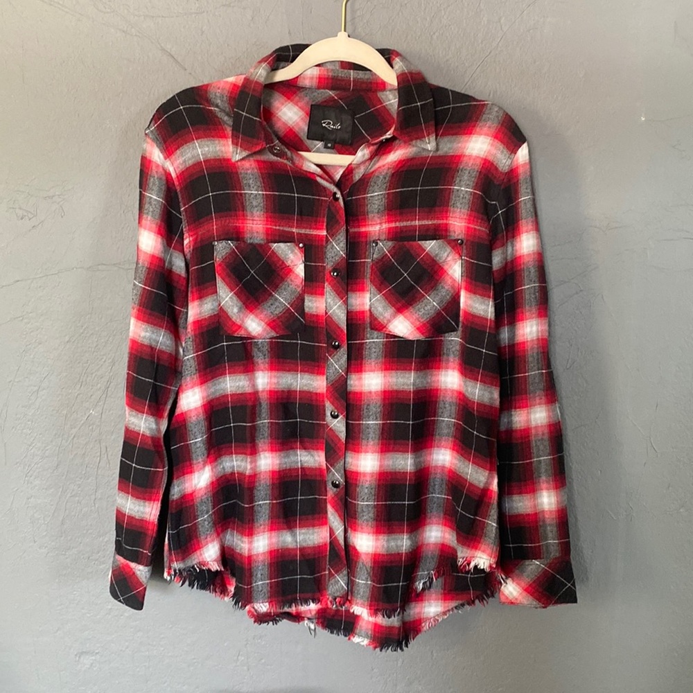 Rails Leo Carmine Black & Grey Plaid Flannel Shirt with Frayed Edging Boho Fall